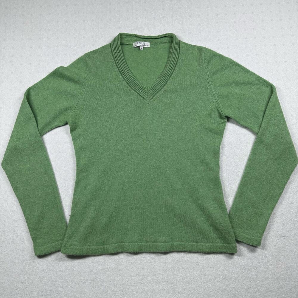 Isle Women’s 100% Cashmere V-Neck Sweater Size Small Green Long Sleeve